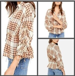 Free People We The Free Pacific Dawn Peach Tree Combo Plaid Shirt Top NEW